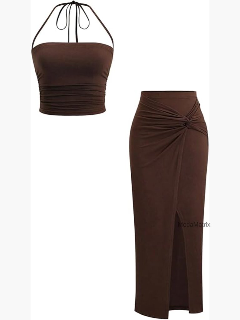 2 Piece Crop Halter Top & Asymmetrical Slit Long Skirt Set